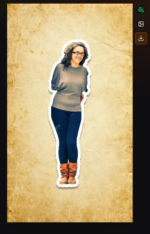 A finished paper cutout portrait with a light border and drop shadow on a paper canvas
